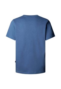 T-shirt bleu à manches courtes, vu de dos, avec un col rond et une petite étiquette sur la couture latérale gauche.