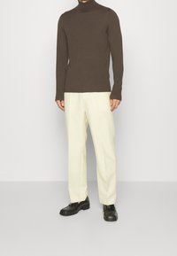 Maglione a collo alto marrone, design aderente; pantaloni color crema, gamba dritta; scarpe nere stringate; stile minimalista, sfondo semplice.