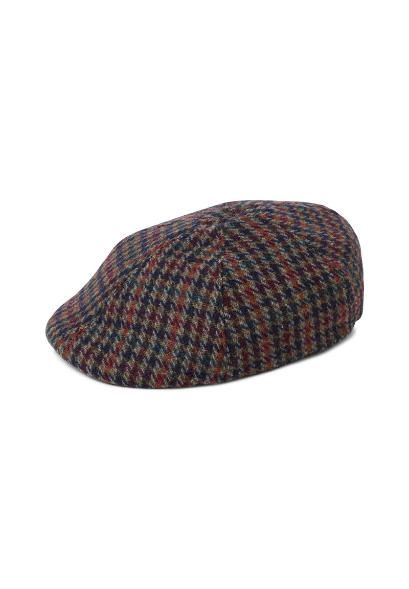 Czapka typu flat cap z tweedu w wielokolorowy wzór w kratkę houndstooth. Posiada zaokrąglony kształt, miękką teksturę oraz lekko zakrzywiony, przeszyty daszek.