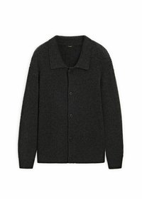 Dark gray ribbed cardigan with a collar, long sleeves, and six front buttons. Made from a textured knit material.