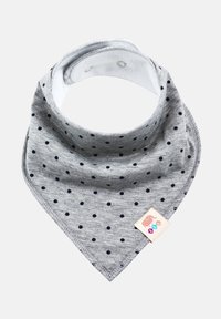 Bavaglino triangolare in cotone grigio con pois blu navy, chiusura a pressione e un'etichetta in tessuto con un design giocoso.