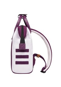 White and purple backpack featuring a textured purple top, a zippered closure, and three purple straps on the side. Adjustable shoulder strap.