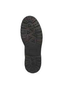 Zwarte rubberen zool met diepe looppatronen, gekenmerkt door hoekige vormen en een stevige constructie, ontworpen voor grip en duurzaamheid.