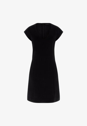 Zwarte jurk met een V-hals, korte cap sleeves en een aansluitend ontwerp. Gemaakt van gladde stof zonder patronen. Voorzien van een rits aan de achterkant.