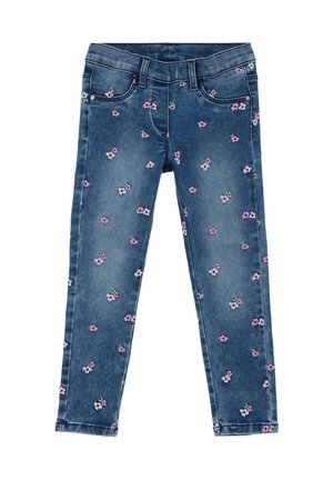 Dżinsy z przetarciem w niebieskim kolorze, z kwiatowym wzorem w różowe i zielone akcenty. Slim fit z klasycznym pięciokomorowym stylem.