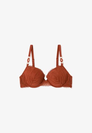 Lace bra in reddish-brown with molded cups, intricate floral pattern, adjustable satin straps, and decorative circular hardware.