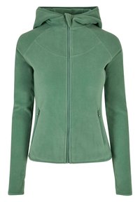 Green fleece jacket with a hood, zip closure, raglan sleeves, two side zip pockets, and a smooth texture.