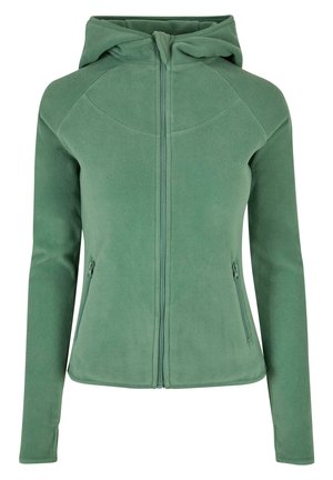 Green fleece jacket with a hood, zip closure, raglan sleeves, two side zip pockets, and a smooth texture.