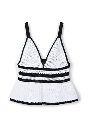 Bralette en crochet noir et blanc avec un décolleté en V, des bretelles fines et un peplum évasé. Présente des accents rayés et des motifs texturés tout au long.