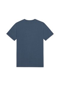 Μπλε βαμβακερό μπλουζάκι, κοντά μανίκια, κανονική εφαρμογή, στρογγυλή λαιμόκοψη, απλό σχέδιο. Χωρίς ορατή σήμανσ η ή σχέδια. Μαλακή υφή.