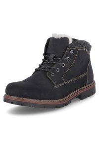 Zwarte leren wandelschoenen met een gevoerde kraag, vetersluiting aan de voorkant, textuur grijze voering en robuuste zool met bruine accenten.