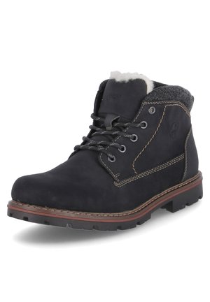 Bottes de randonnée en cuir noir avec un col rembourré, un devant à lacets, un doublure grise texturée et une semelle robuste avec des accents bruns.