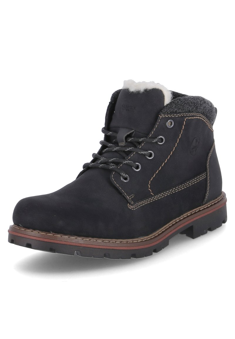 Zwarte leren wandelschoenen met een gevoerde kraag, vetersluiting aan de voorkant, textuur grijze voering en robuuste zool met bruine accenten.