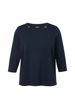 Navy blue women's top with three-quarter sleeves and small decorative accents near the round neckline, plain design.