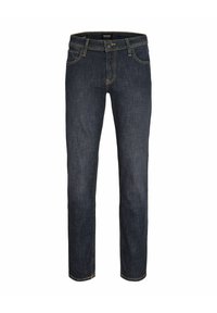 Temno modre kavbojke s pravimi hlačnicami, petimi žepi, zankami za pas in gumbom za zapiranje v pasu.