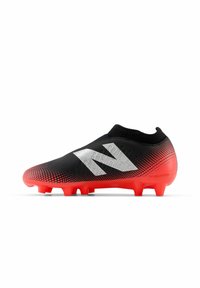 Black and red soccer cleat with a textured upper, silver accents, and a gradient pattern from black to red. Features multiple studs for traction.