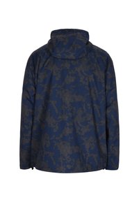 Jachetă bleumarin cu un model texturat hexagonal, cu glugă și croială dreaptă. Două buzunare laterale cu fermoar.