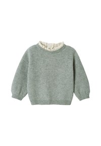 Hellgrüner gestrickter Pullover mit einem gerippten Struktur und einem cremefarbenen Rüschenausschnitt. Lange Ärmel und ein lässiger Schnitt.