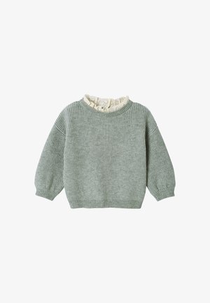Light green knitted sweater featuring a ribbed texture and a cream ruffled neckline. Long sleeves and a relaxed fit design.