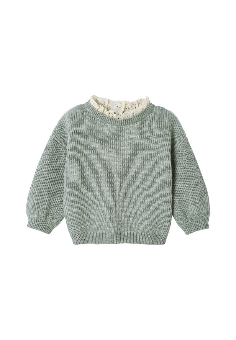 Hellgrüner gestrickter Pullover mit einem gerippten Struktur und einem cremefarbenen Rüschenausschnitt. Lange Ärmel und ein lässiger Schnitt.