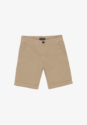 Beżowe szorty bawełniane o lekkim połysku, z dwoma przednimi kieszeniami, zapięciem na guzik i podwiniętymi mankietami dla eleganckiego wyglądu.