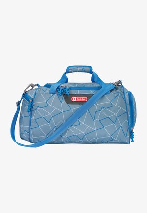 Blue geometric-patterned duffle bag featuring a durable fabric, two top handles, adjustable shoulder strap, and zipper pulls shaped like snowflakes.