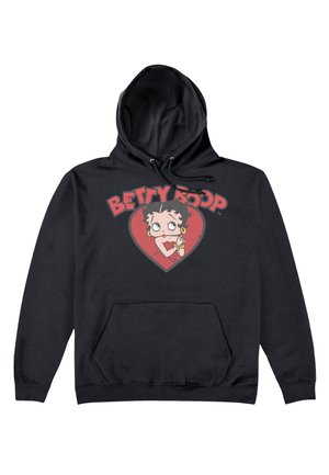 Czarna bluza z kapturem z grafiką Betty Boop w czerwonym sercu, z napisem "BETTY BOOP" powyżej. Materiał wydaje się miękki, z kieszenią typu kangur.