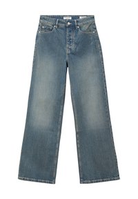 Jeans de pierna ancha de mezclilla en color azul con un acabado desgastado, que cuentan con un cierre de botón, dos bolsillos frontales y un diseño clásico de cinco bolsillos.