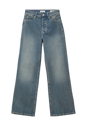 Weit geschnittene blaue Jeans aus Denim mit einem ausgebleichten Finish, ausgestattet mit einem Knopfverschluss, zwei Vorderaschentaschen und einem klassischen Fünf-Taschen-Design.