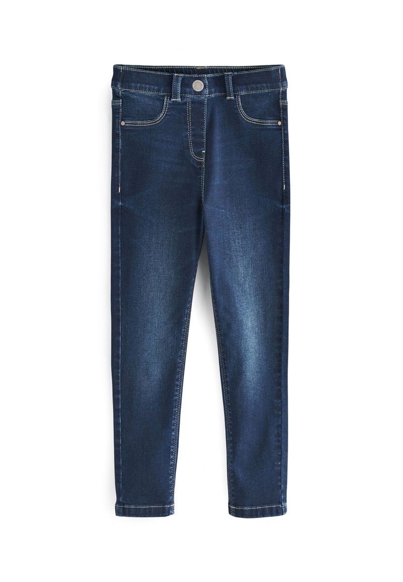 Jeans in denim blu scuro con vestibilità slim, caratterizzati da cinque tasche, chiusura con bottone e dettagli di cucitura a contrasto.