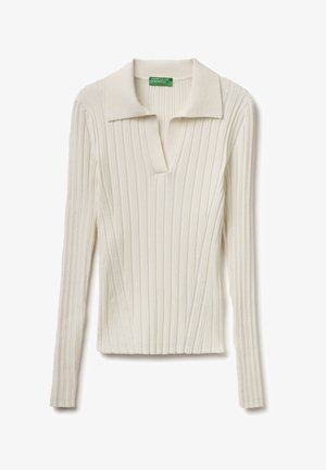 Langärmliges, geripptes cremefarbenes Strickoberteil mit offenem Polokragen und figurbetonter Silhouette von United Colors of Benetton.
