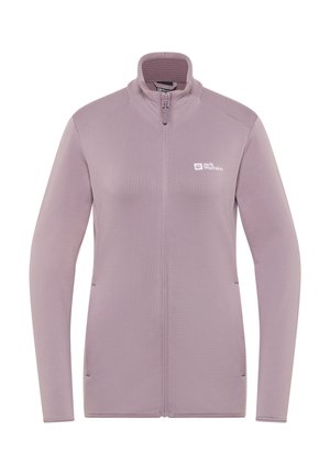 Helle lila Fleecejacke mit hohem Kragen, durchgehendem Reißverschluss, strukturiertem Stoff und Logo auf der linken Brust. Geeignet für Outdoor-Aktivitäten.