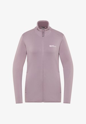 Helle lila Fleecejacke mit hohem Kragen, durchgehendem Reißverschluss, strukturiertem Stoff und Logo auf der linken Brust. Geeignet für Outdoor-Aktivitäten.