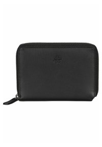 Black leather wallet with a smooth texture, zippered closure, and embossed logo on the front. Features a small zipper pull on the side.
