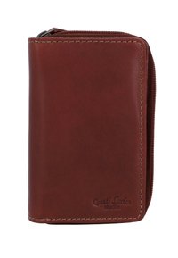 Brown leather wallet with a rectangular shape, featuring a zip closure, tan stitching, and embossed branding on the front.