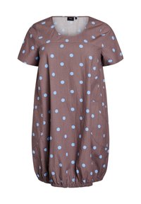 Braunes Kurzarmkleid mit blauen Pünktchen, rundem Ausschnitt und seitlichen Taschen. Elastische Raffungen am Saum sorgen für eine leicht ballonartige Form.