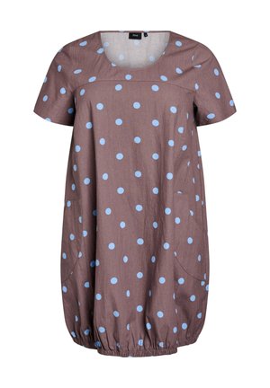 Robe brune à manches courtes avec des pois bleus, col rond et poches sur les côtés. Fronces élastiques à l'ourlet pour une forme légèrement ballon.