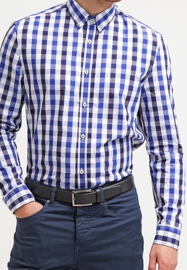 Blauw-wit geruite button-up shirt met een kleine kraag, lange mouwen en een getailleerd ontwerp. Gepaard met donkere broek en een zwarte riem.