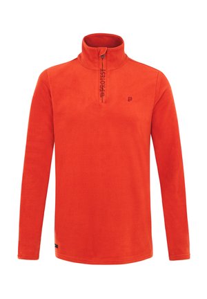 Pull-over en polaire orange avec un col haut et une demi-fermeture à glissière. Présente un logo imprimé et une texture lisse et douce. Manches longues et ourlet droit.