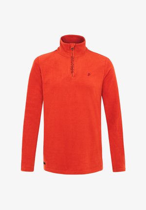 Oranžinė vilnonė pūkinė suknelė su aukštu apykakle ir pusiau užtrauktuku. Yra spaudinys logotipo ir lygi, minkšta tekstūra. Ilgos rankovės ir tiesus apatinis kraštas.