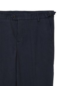 Pantaloni in lino blu navy con taglio dritto, tasche frontali e chiusura a bottone con dettaglio per passante. Tessuto testurizzato.
