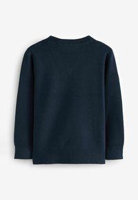 Marineblauer Pullover aus weichem Material mit Rundhalsausschnitt, langen Ärmeln und gerippten Bündchen und Saum. Glatte Textur ohne sichtbare Muster.