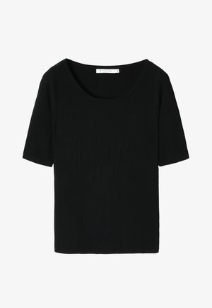 Zwart geribd T-shirt met korte mouwen en een brede, ronde halslijn. Zachte stof met een getextureerde afwerking, ontworpen voor een ontspannen pasvorm.