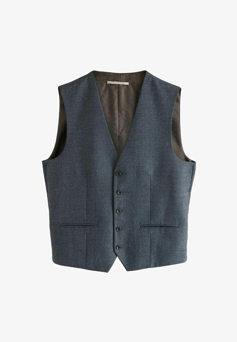 Szary kamizelka z dekoltem w serek, pięć czarnych guzików i dwie przednie kieszenie. Gładka tekstura z wzorzystym wnętrzem. Zaprojektowana bez rękawów.