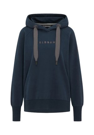 Navy blue hoodie with darker gray drawstrings, raglan sleeves, and a front logo. Soft texture and ribbed cuffs and hem.