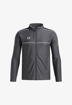 Graue Sportjacke mit durchgehendem Reißverschluss, figurbetontem Schnitt, langen Ärmeln, weißer Akzentpaspelierung und kleinem Logo auf der linken Brustseite.