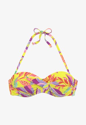Bikini-Oberteil mit Unterdraht, mit einem gelben Grundton und einem bunten tropischen Blattmuster in Pink, Lila und Grün. Bindebänder für individuelle Anpassung.