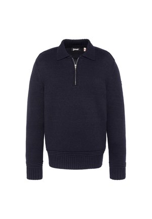 Pull en maille bleu marine à manches longues avec fermeture éclair milieu devant, col, poignets et ourlet côtelés, marqué d’une petite étiquette à l’intérieur du col.