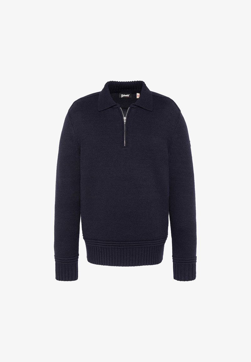 Pull en maille bleu marine à manches longues avec fermeture éclair milieu devant, col, poignets et ourlet côtelés, marqué d’une petite étiquette à l’intérieur du col.