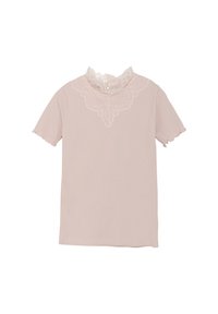 Lyserød ribbet kortærmet top med en scalloped blondekrave og tekstureret finish. Har en lynlås i ryggen og frynset kanter på ærmerne.